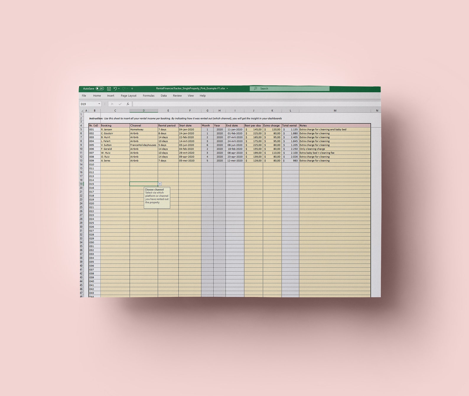 Monthly Rental Property Bookkeeping & Expense Spreadsheet for a