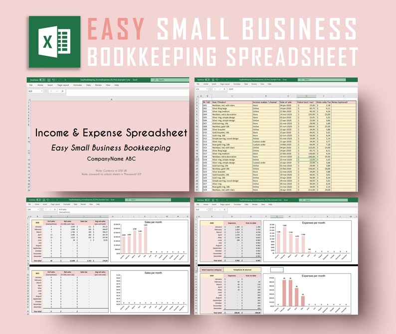 Easy bookkeeping spreadsheet | for small US businesses | Income & Expenses | Excel Spreadsheet | Google sheets | Template | Easy to use 
