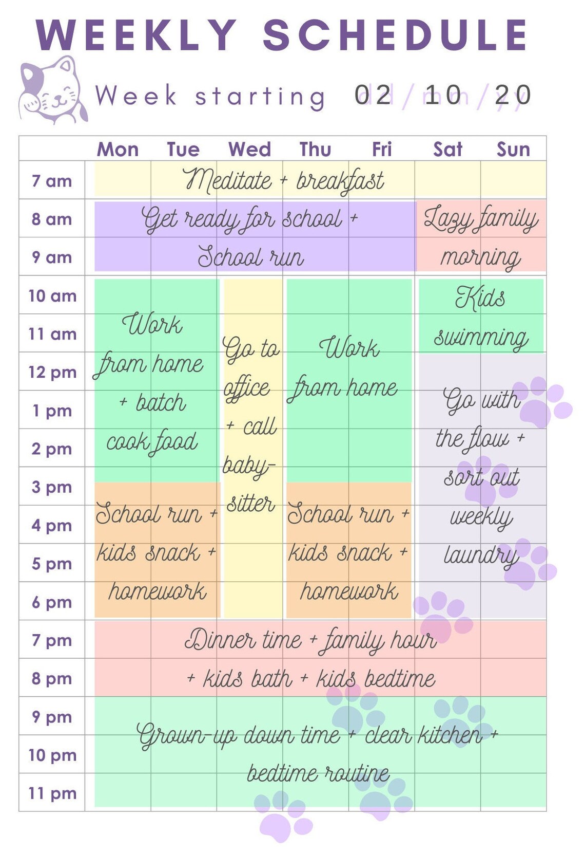 Weekly Schedule Printable Timetable Cat Lovers Gift Etsy