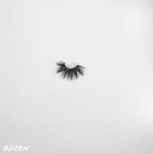 May include: A pair of black false eyelashes on a white background. The text "QUEEN B." is written in black below the eyelashes.