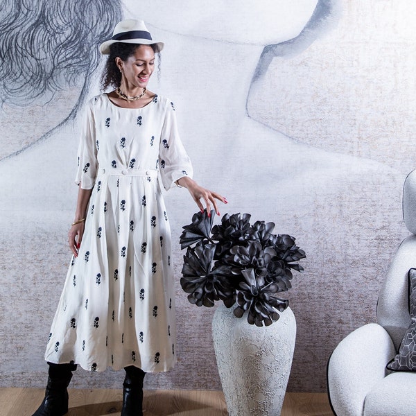 White Flair Sleeve Dress with Embroidered Flowers