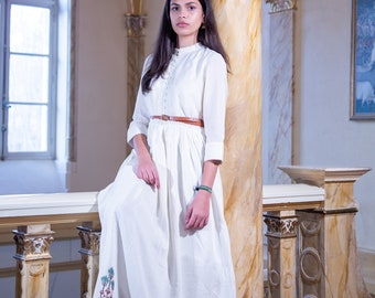 White Maxidress with Block Printed Flowers