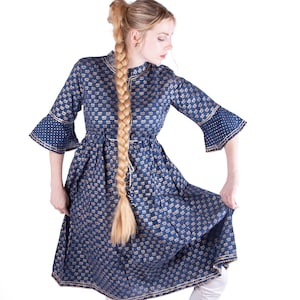 Bell Sleeve Royal Blue Dress Anarkali with Golden Lotuses