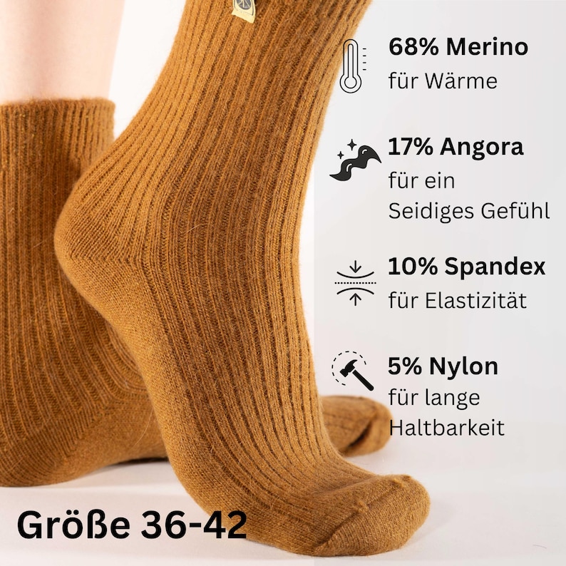 May include: Brown ribbed socks made with 68% merino wool, 17% angora, 10% spandex, and 5% nylon. The socks are shown on a model's feet and the size is 36-42.