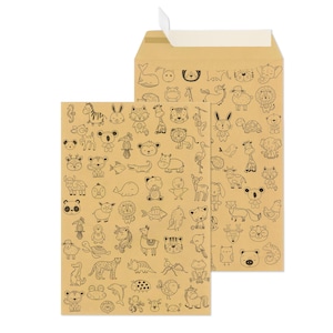 May include: A brown paper envelope featuring a repeating pattern of black and white animal illustrations. The animals include a whale, a turtle, a giraffe, a lion, a rabbit, a bird, a fish, a panda, a unicorn, a llama, a tiger, a frog, an owl, a ladybug, a dolphin, an octopus, and a horse.