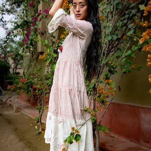 Red-Striped Bell Sleeve Dress with Embroidered Cows