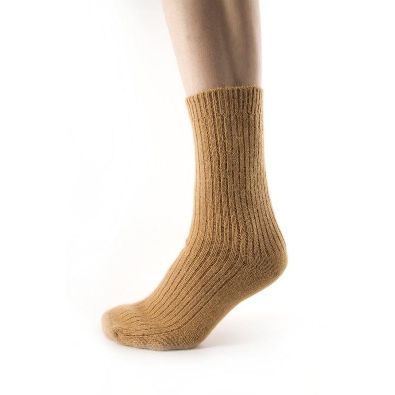 May include: A pair of brown ribbed socks on a person's foot.