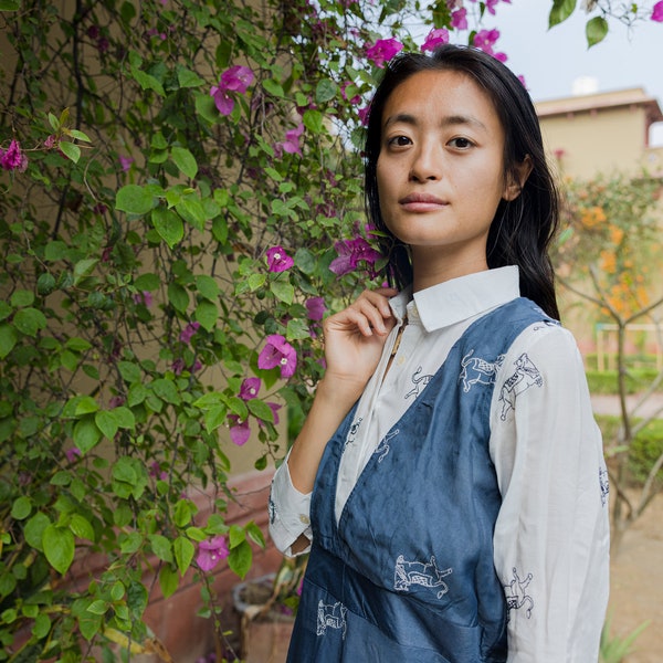 White-Blue Shirt Dress with Stitched Cows