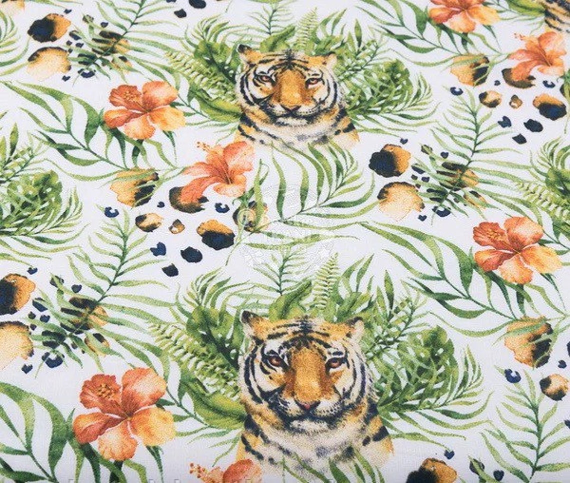 Tiger cotton fabric by the yard wild animals fabric Tropical Etsy