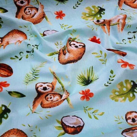 Sloth nursery fabric by the yard Sloth on mint Palm leaf and | Etsy