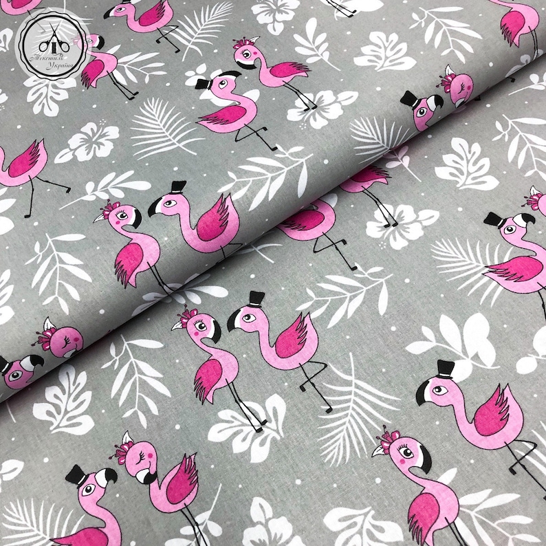 Pink flamingo fabric by the yard Organic cotton Tropical | Etsy