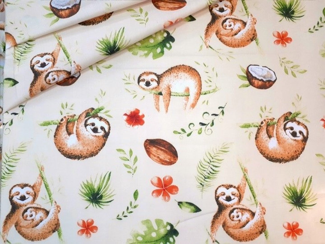 Sloth nursery fabric by the yard Palm leaf and coconut Baby Etsy