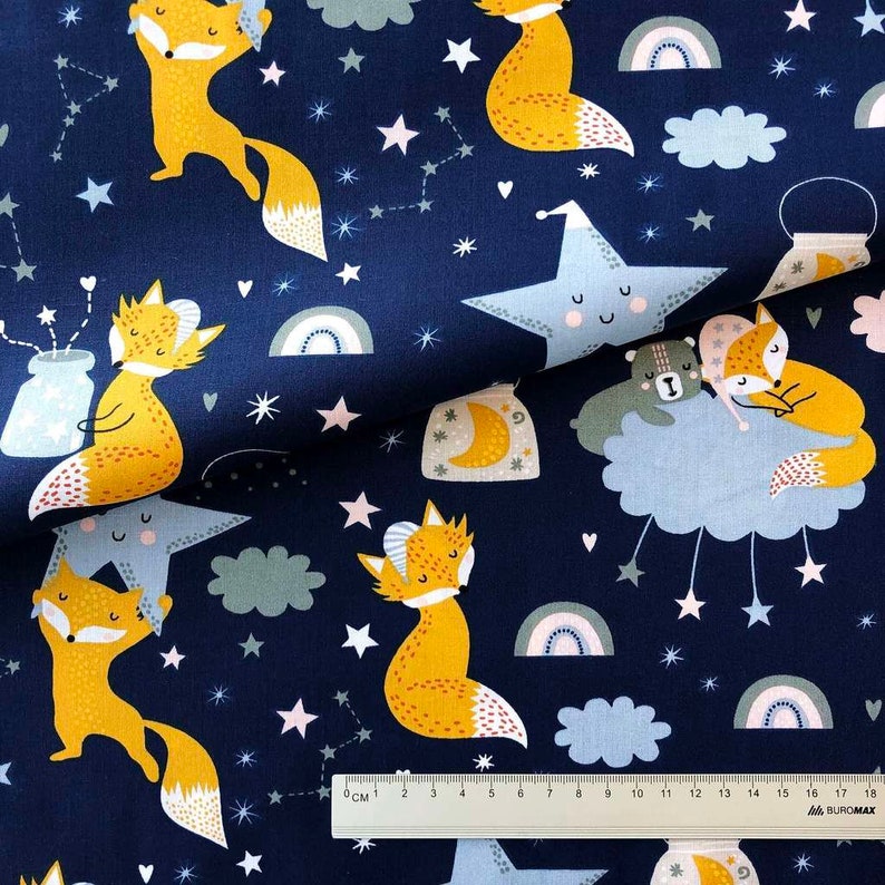 Fox Fabric by the Yard Cotton Fabric Moon and Stars Fabric Etsy