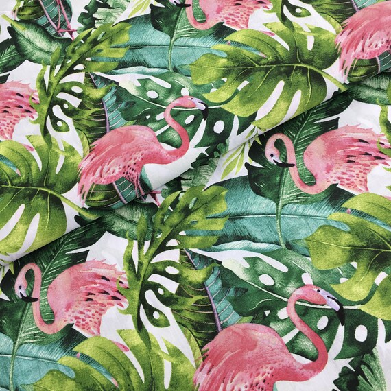 Flamingo fabric by the yard Cotton fabric Palm leaf fabric Etsy