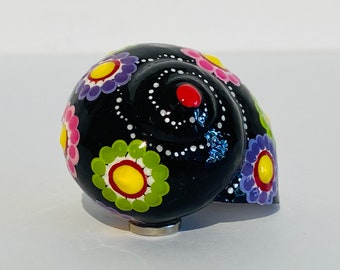 Hand-painted snail shell black with colorful flowers