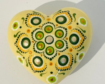 Hand-painted heart yellow with green mandala