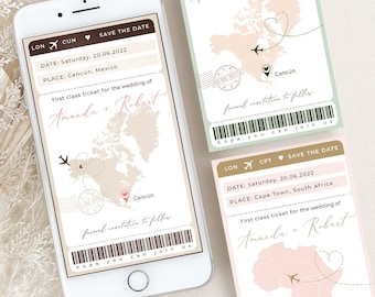 Sofia | Boarding pass save the dates, digital invitations, travel theme wedding virtual invitation, destination wedding invitation