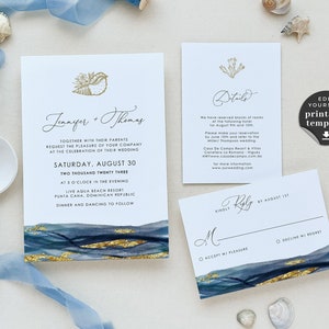 Elegant Beach Wedding Invitation Set, Navy and Gold Wedding Invitation and Rsvp Card, Beach Theme Wedding Invitation Suite Template Download