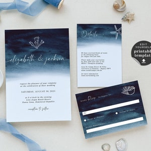 Destination Beach Wedding Invitation Set, Navy Wedding Invite Suite Template, Ocean Wedding Invitation, Beach Theme Wedding Invitation Kits