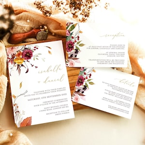 Ambra | Rustic Fall Wedding Invitation template with RSVP, Burnt Orange Wedding Invitation Suite Template, Floral Wedding Invitation Set