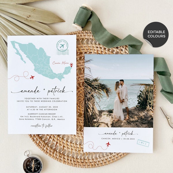 Plantilla de invitación de boda de México con foto, invitación de boda de destino México, invitación de boda de Cancún, invitaciones de boda de mapa