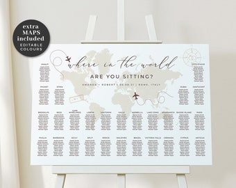 Where in The World Are You Sitting, Travel Theme Seating Chart Wedding, Horizontal Seating Chart Template, Printable Seating Chart Map,