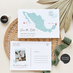Mexiko Save the Date Hochzeit, Save the Date Vorlage mit Foto, Save the Date Postkartenvorlage, Mexiko Landkarte Save the Date