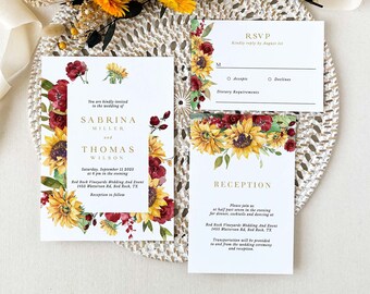 RUBY Rustic Wedding Invitation Set with Rsvp, Floral Wedding Invitation Suite Template, Sunflower Wedding Invitation and Rsvp Template