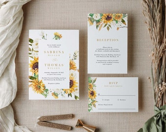 MARISOL Barn Wedding Invitation Template Set, Rustic Wedding Invitation Suite Download, Sunflower Wedding Invite, Yellow Wedding Invitation