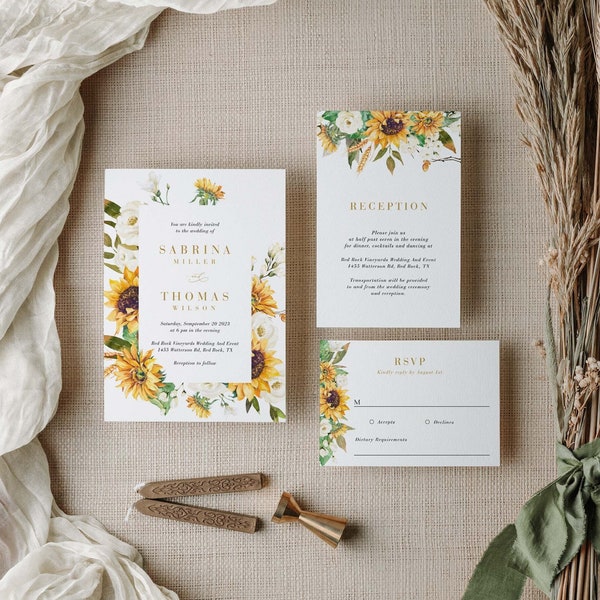 MARISOL Barn Wedding Invitation Template Set, Download di suite di inviti di nozze rustici, Inviti di nozze di girasole, Inviti di nozze gialli