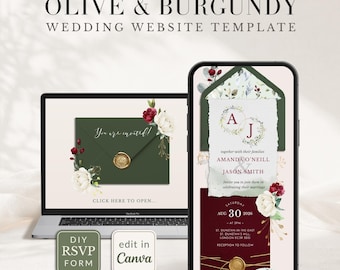Olive Green and Burgundy Wedding Website Template with Rsvp, Floral Wedding Website Invitation Canva Template, Envelope Wedding Website