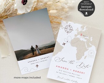 Sofia | travel theme save the date cards, destination wedding save the dates, world map save the date with photo, save the date templates