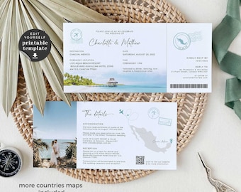 Mira Beach Wedding Invitation Template Download, Destination Wedding Boarding Pass Wedding Invitation, Tropical Wedding Invitation Template