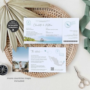 Mira Beach Wedding Invitation Template Download, Destination Wedding Boarding Pass Wedding Invitation, Tropical Wedding Invitation Template