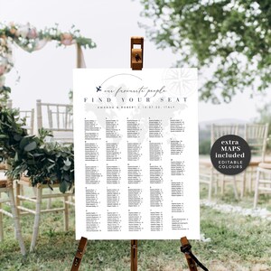 Alfabetische stoeldiagramsjabloon, afdrukbare bruiloftstoelkaartposter, stoelkaart onze favoriete mensen, reisstoelkaartkaart