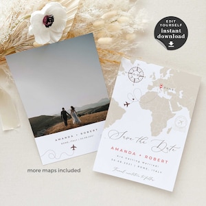 Sofia | travel theme save the date cards, destination wedding save the dates, world map save the date with photo, save the date templates