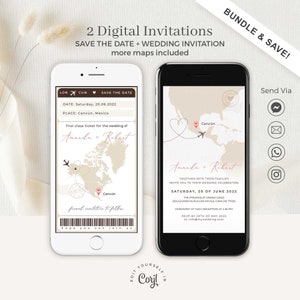 Sofia | Travel theme wedding invitation bundle, boarding pass save the date digital, destination wedding invitation digital, wedding bundle