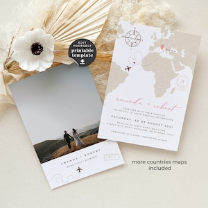 Sofia | Travel theme wedding cards, diy wedding invites, simple wedding invitations, Destination wedding announcement, world map invite