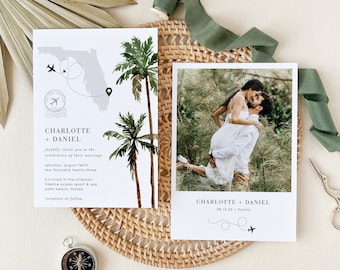 May include: Wedding invitation suite featuring a map of Florida with palm trees and an airplane graphic. The invitation includes the names "Charlotte + Daniel" and wedding details. A photo card shows a couple embracing. Green ribbon and a compass are also present.