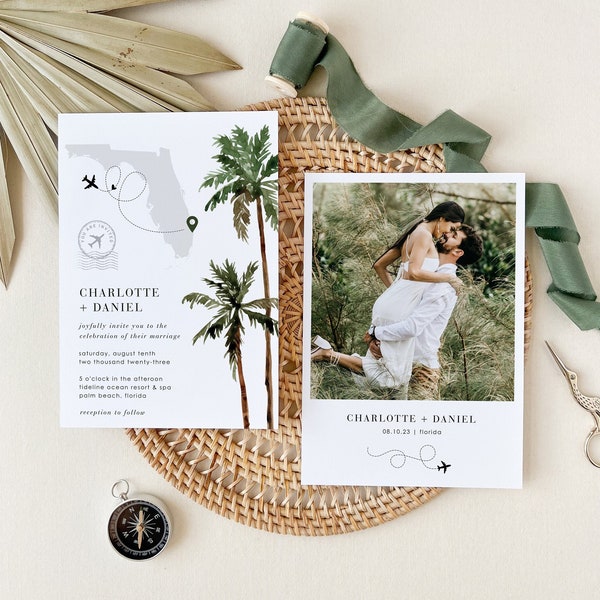 Destination Wedding Invitation Template, Tropical Wedding Invitation with Photo, Palm Tree Wedding Invitation, Beach Wedding Invite Template