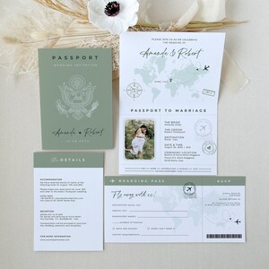 Sofia | Sage Green Passport Wedding Invitation Printable, Destination Wedding Invitation Usa, Travel Wedding Invitation Set Template