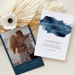 Faire-part de mariage nautique à télécharger, Photo de faire-part de mariage côtier, modèle de faire-part de mariage sur la plage, faire-part de mariage bleu marine