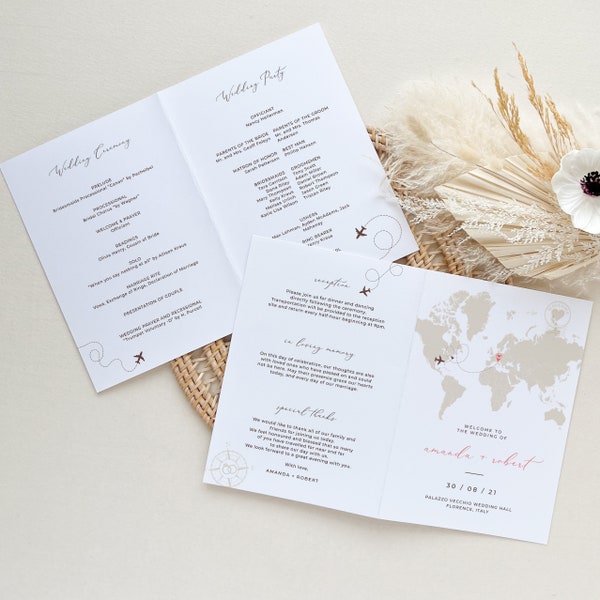 Sofia | Destination wedding program template, programs for wedding, travel theme map wedding ceremony programs, printable wedding program