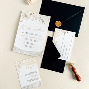 Dora | Ivory wedding invitation suite, Gold wedding set, Floral wedding invitation bundle, wedding invitation with rsvp, wedding invite