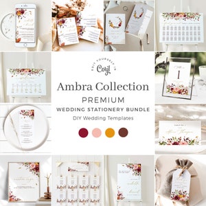 AMBRA Fall Wedding Invitation Bundle, Burnt Orange Wedding Invitation Suite, Fall Wedding Template Bundle, Floral Wedding Sign Bundle