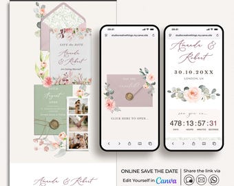 Green and Pink Digital Save the Date Canva Website Template, Blush Pink Save the Date Invitation Website, Floral Save the Date Website