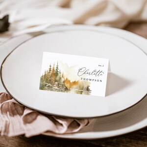 ARNA Fall Wedding Place Card Template, Printable Place Card, Forest Wedding Place Cards with Meal Choice, Rustic Place Cards with Meal Icons
