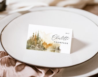 ARNA Fall Wedding Place Card Template, Printable Place Card, Forest Wedding Place Cards with Meal Choice, Rustic Place Cards with Meal Icons