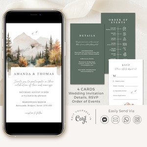 ARNA Forest Wedding Invitation Template Digital, Fall Wedding Invitations Mountains, Electronic Wedding Invitations Template with Mountains