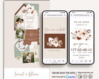Terracotta and Sage Save the Date Digital Invitation, Boho Wedding Canva Save the Date Website Template, Online Save the Date Floral